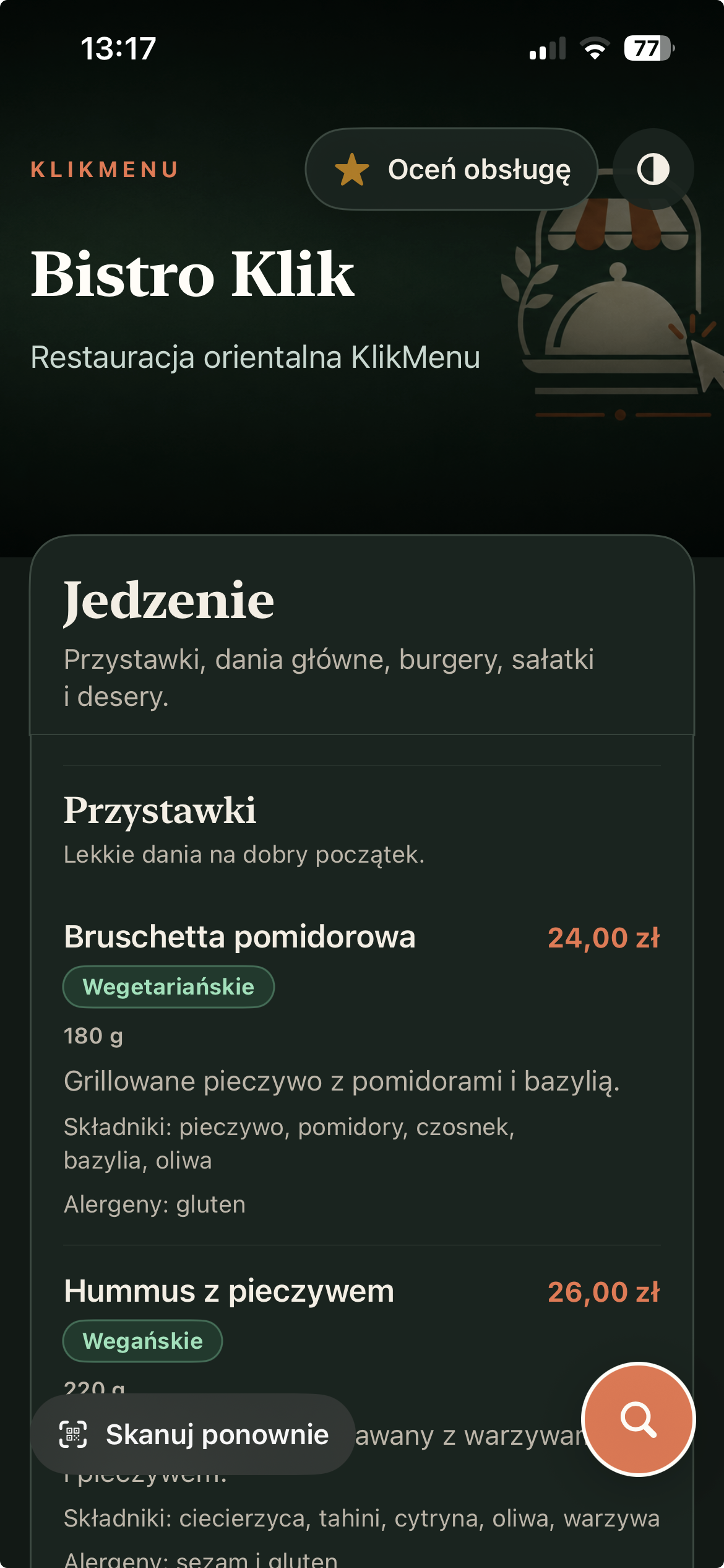 Cyfrowe menu restauracji Bistro Klik w aplikacji KlikMenu